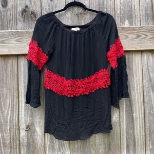 Umgee Classic Black Blouse with red lace - Size M